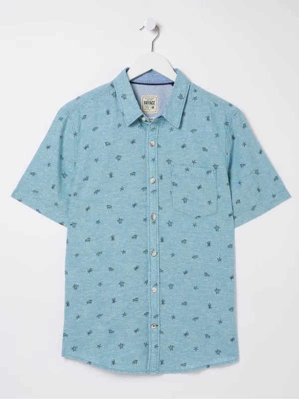 Fat Face Tall Collection Men Blue Short Sleeve Turtle Print Shirt