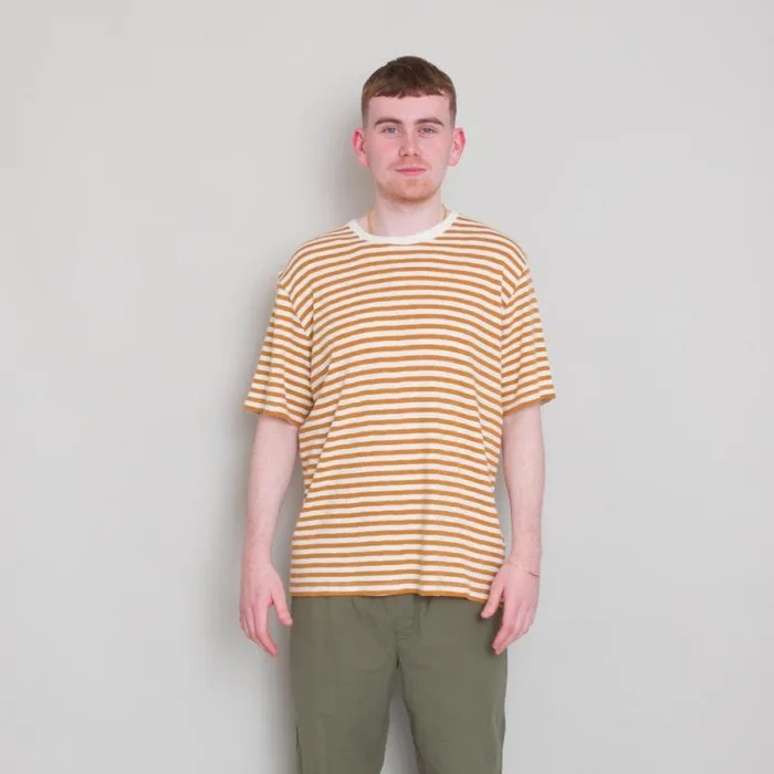 Folk Clothing TShirts Classic Stripe Tee 8211 Ochre Ecru 8211 Mens