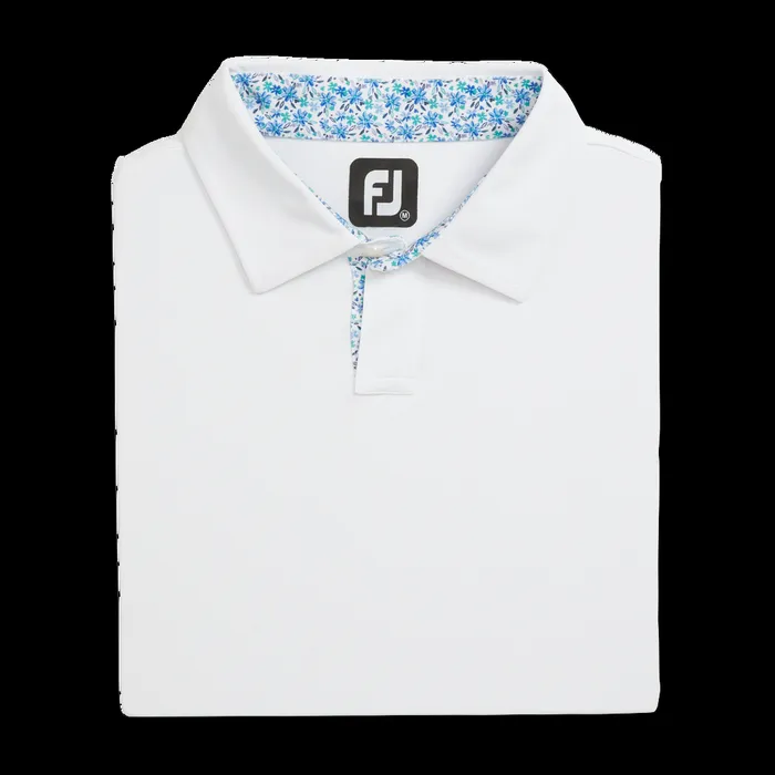 FootJoy Shirts Men Solid Pique Floral Trim White Blue Floral