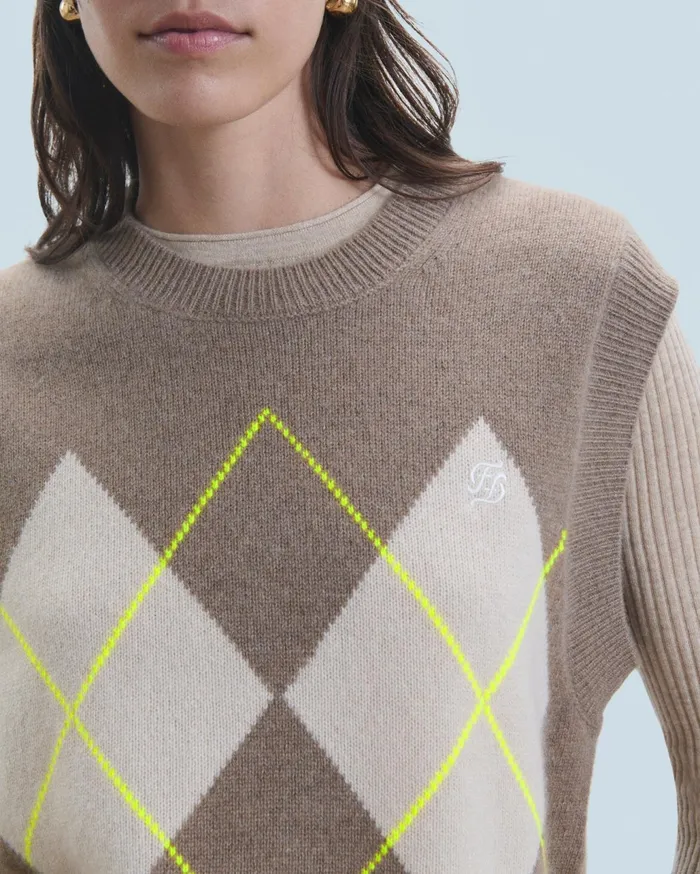 From Future Cashmere Sweaters Women Diamond Pattern Sleeveless Sweater Taupe