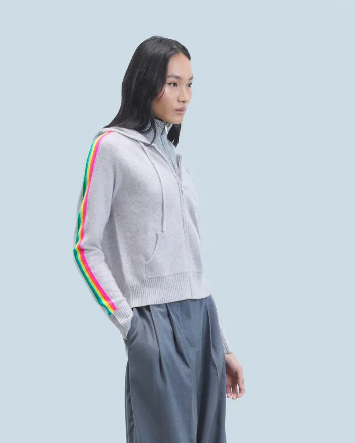 From Future Hoodies Women Lightweight Hoodie With Multicolor Sleeve Stripes Light Heather Gray