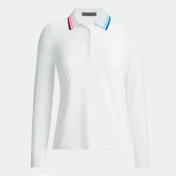 GFORE Polos and Shirts Women PLEATED CONTRAST COLLAR SILKY TECH NYLON LONG SLEEVE POLO Snow