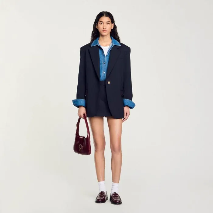 Jackets and Blazers Women SANDRO Wool Suit Jacket Navy Blue
