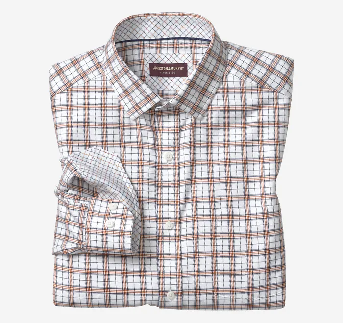 Johnston and Murphy Apparel Men Premium Cotton Shirts RustNavy Double Windowpane