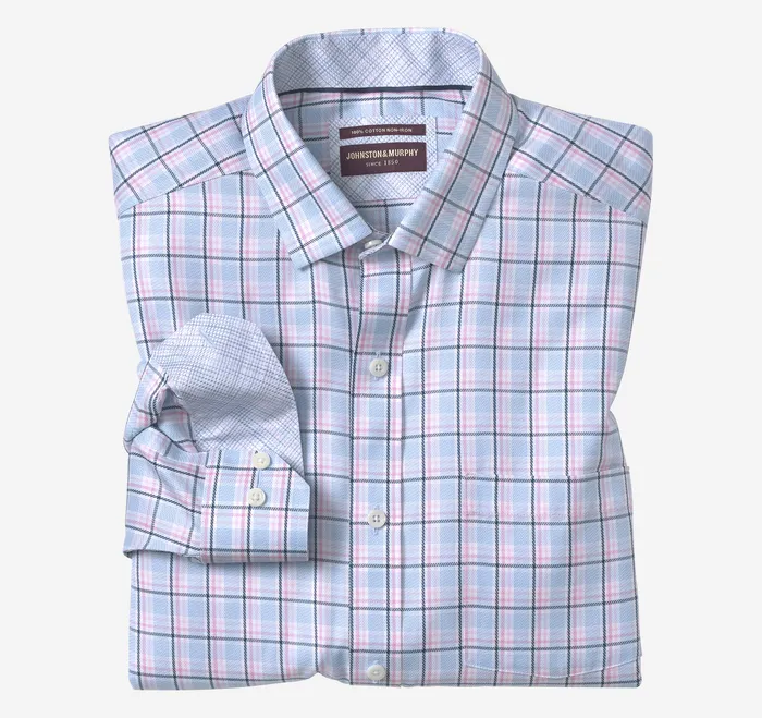 Johnston and Murphy NonIron Dress Shirt PinkBlue Twill Plaid Men Shirts