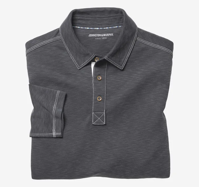 Johnston and Murphy Vintage Slub LongSleeve Polo Charcoal Men Polos and Tees