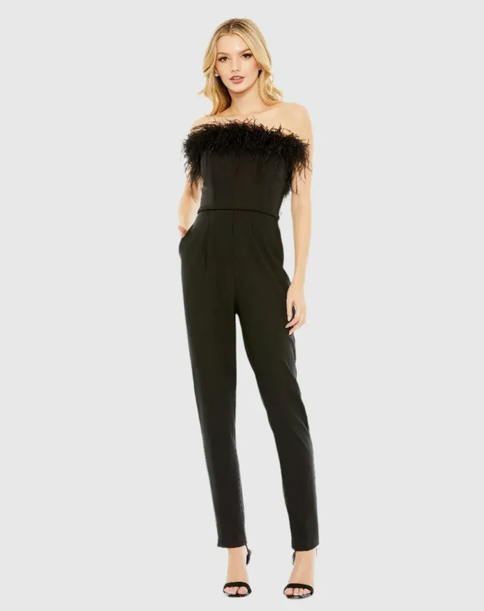 Jumpsuits and Rompers Black Strapless Jumpsuit with Feather Trim 8211 FINAL SALE Black Mac Duggal Women