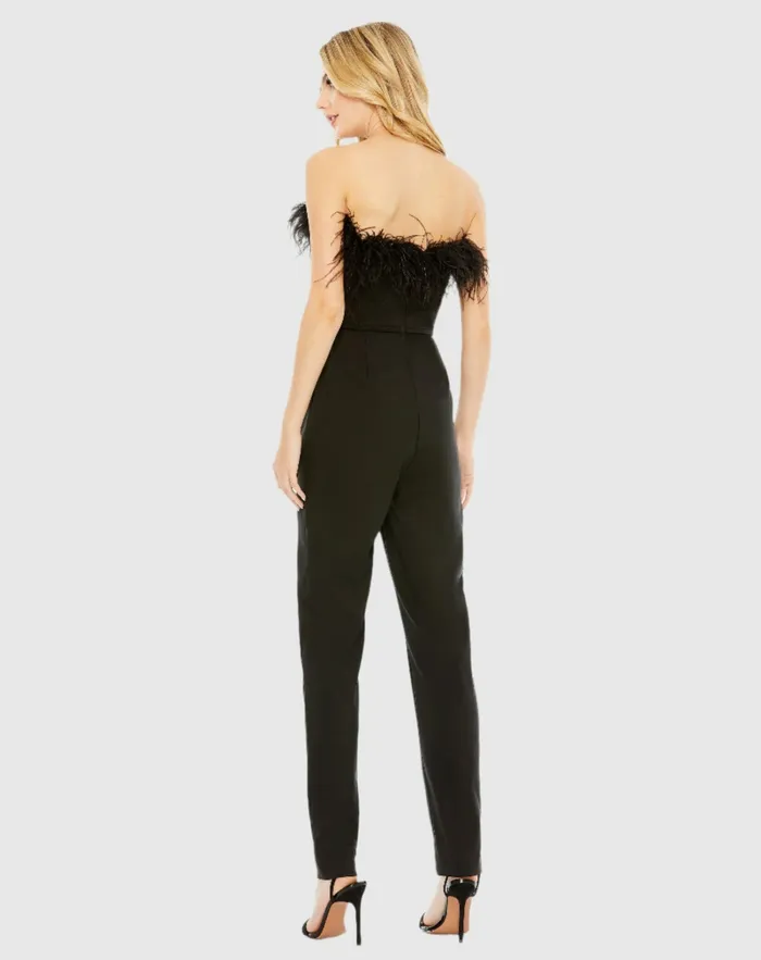Jumpsuits and Rompers Black Strapless Jumpsuit with Feather Trim 8211 FINAL SALE Black Mac Duggal Women Jumpsuits and Rompers Black Strapless Jumpsuit with Feather Trim 8211 FINAL SALE Black Mac Duggal Women