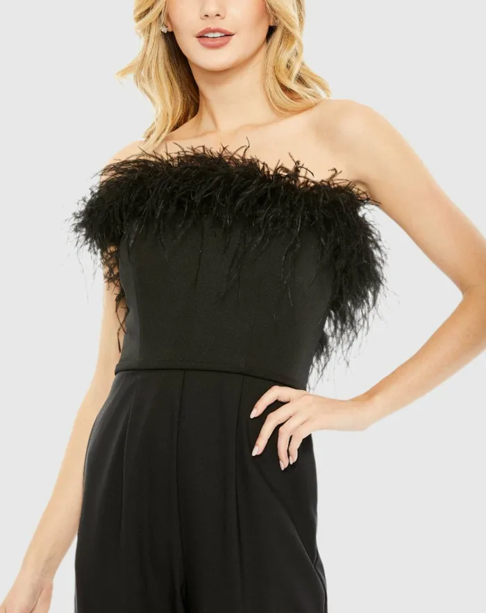 Jumpsuits and Rompers Black Strapless Jumpsuit with Feather Trim 8211 FINAL SALE Black Mac Duggal Women Jumpsuits and Rompers Black Strapless Jumpsuit with Feather Trim 8211 FINAL SALE Black Mac Duggal Women