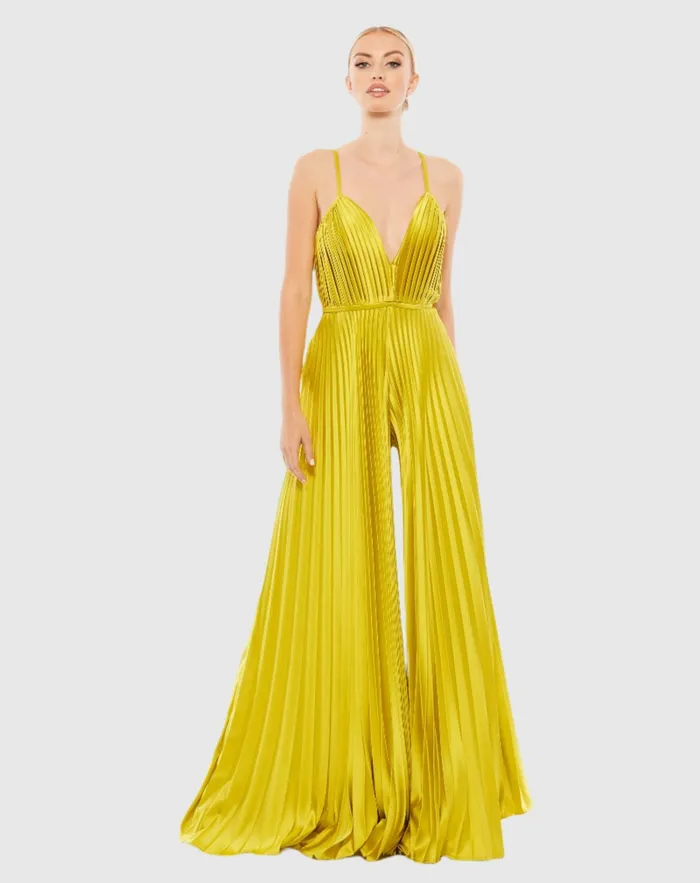 Jumpsuits and Rompers Green Pleated Plunge Neck Wide Leg Jumpsuit Chartreuse 8211 Mac Duggal Women