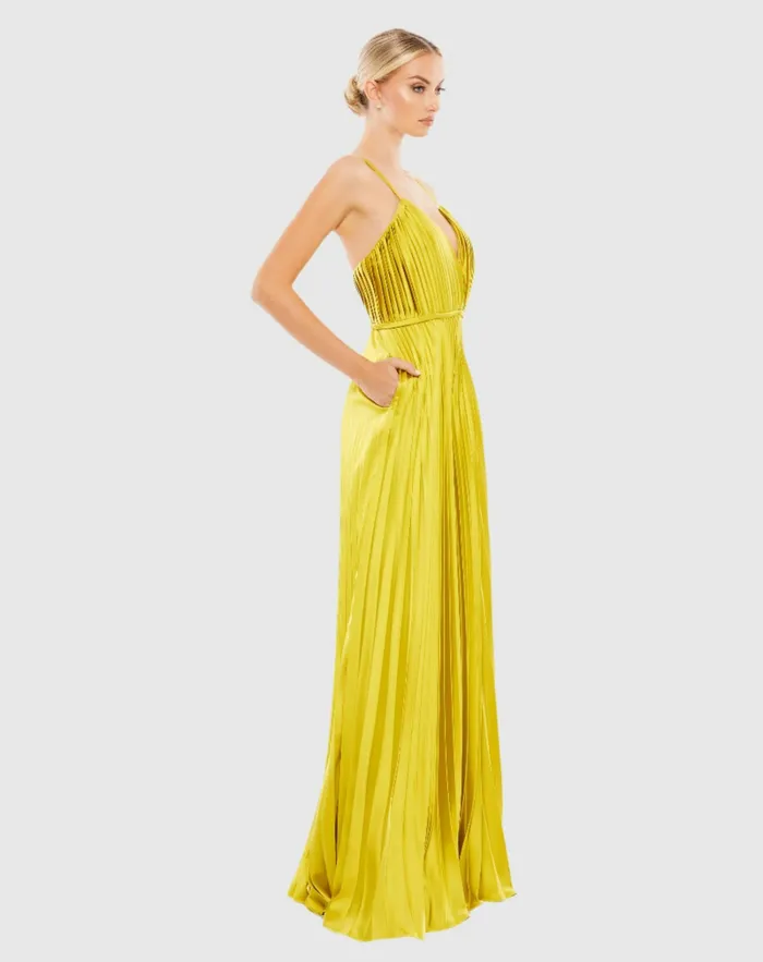 Jumpsuits and Rompers Green Pleated Plunge Neck Wide Leg Jumpsuit Chartreuse 8211 Mac Duggal Women