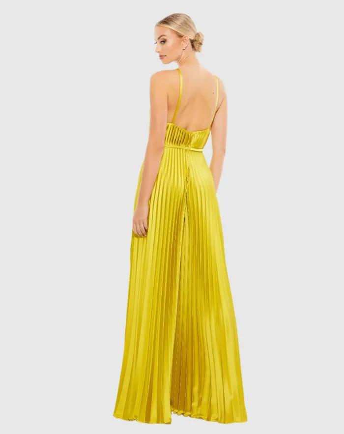 Jumpsuits and Rompers Green Pleated Plunge Neck Wide Leg Jumpsuit Chartreuse 8211 Mac Duggal Women