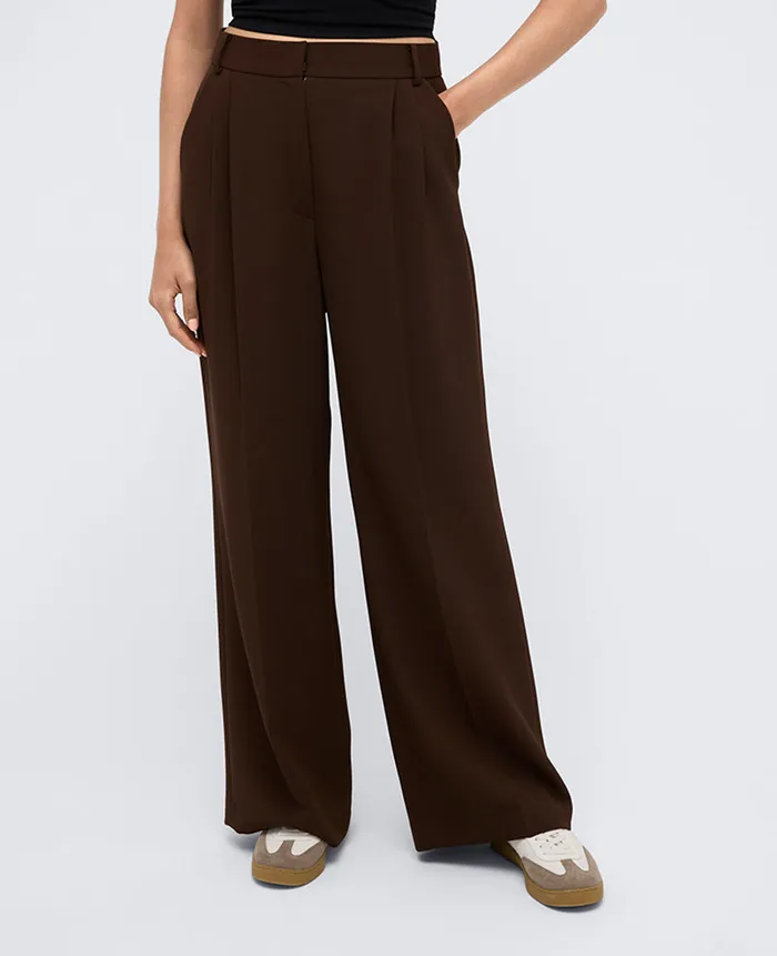Kenneth Cole Matching Sets Women Twill High Rise Wide Leg Trouser Brown