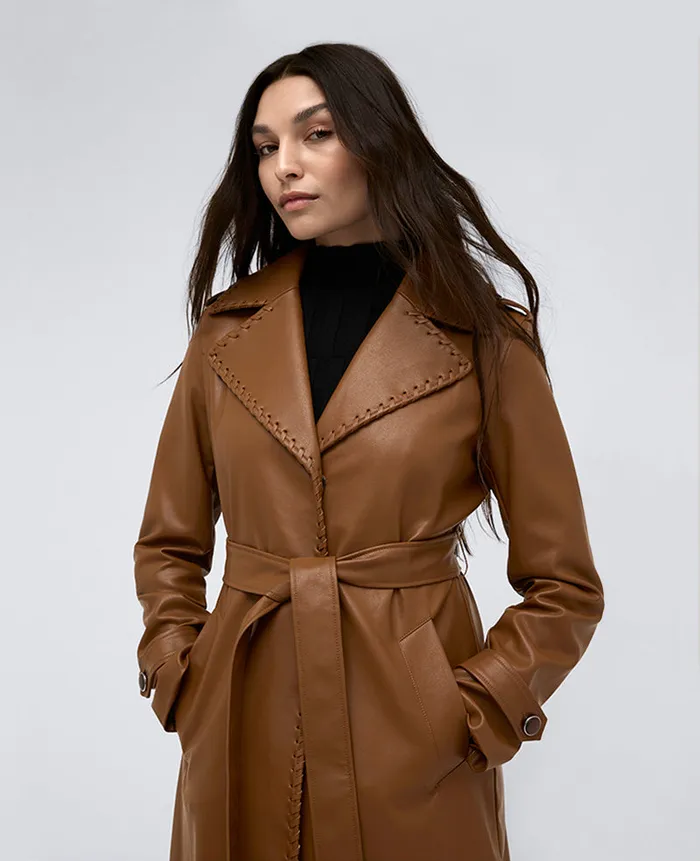 Kenneth Cole Outerwear Women Faux Leather Belted Trench Brown