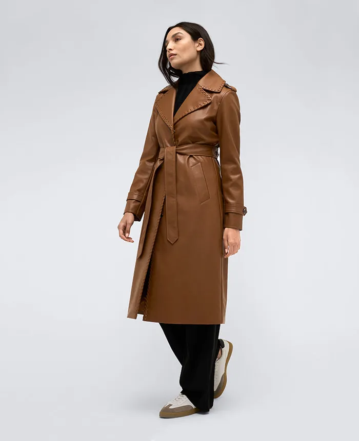 Kenneth Cole Outerwear Women Faux Leather Belted Trench Brown Kenneth Cole Outerwear Women Faux Leather Belted Trench Brown