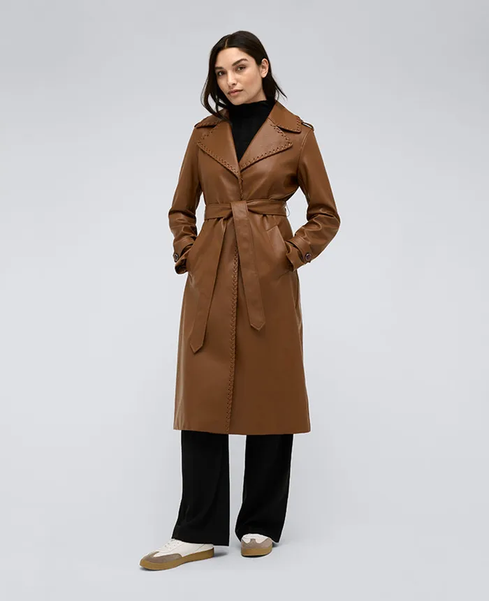 Kenneth Cole Outerwear Women Faux Leather Belted Trench Brown Kenneth Cole Outerwear Women Faux Leather Belted Trench Brown