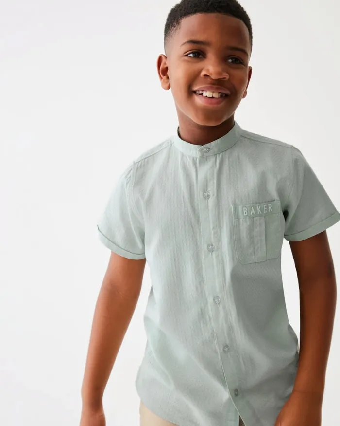 Kids COSTICA 8211 Short Sleeve Grandad Collar Shirt Green Ted Baker Tops
