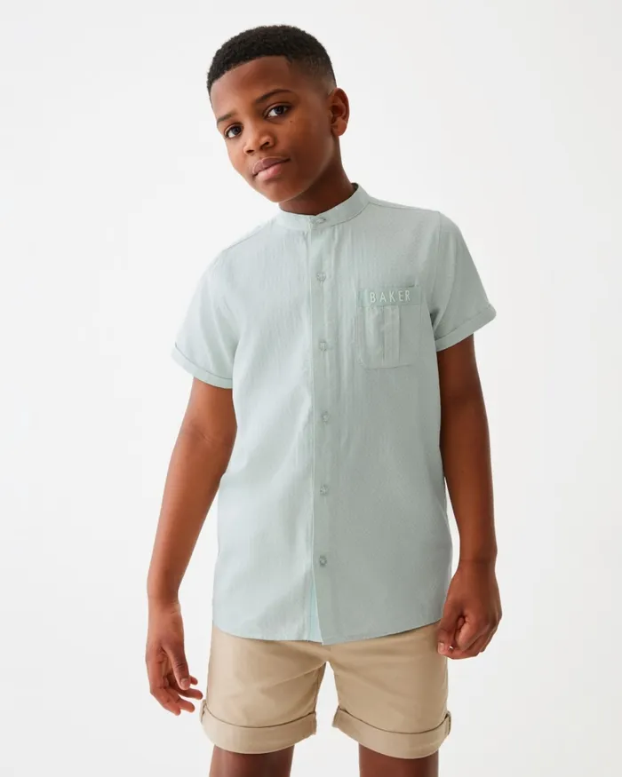 Kids COSTICA 8211 Short Sleeve Grandad Collar Shirt Green Ted Baker Tops