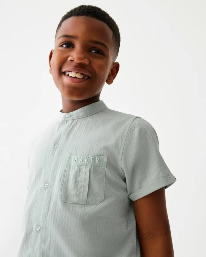 Kids COSTICA 8211 Short Sleeve Grandad Collar Shirt Green Ted Baker Tops