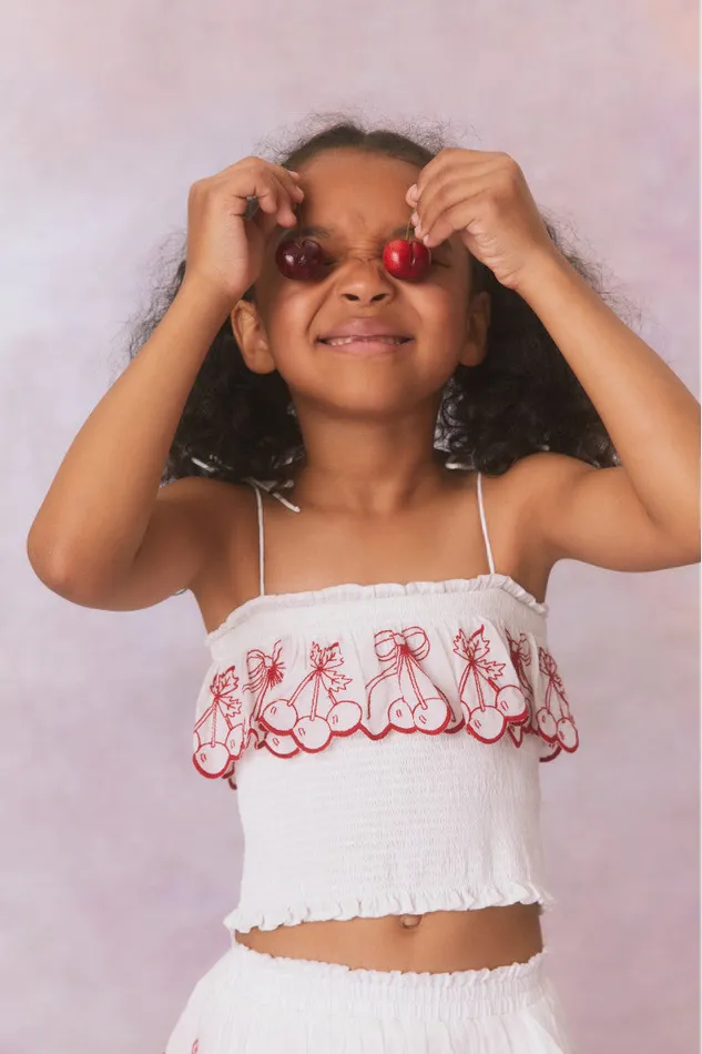 Kids Girls LoveShackFancy Girls Fatima Cherry Embroidered Cotton Top Candy Red