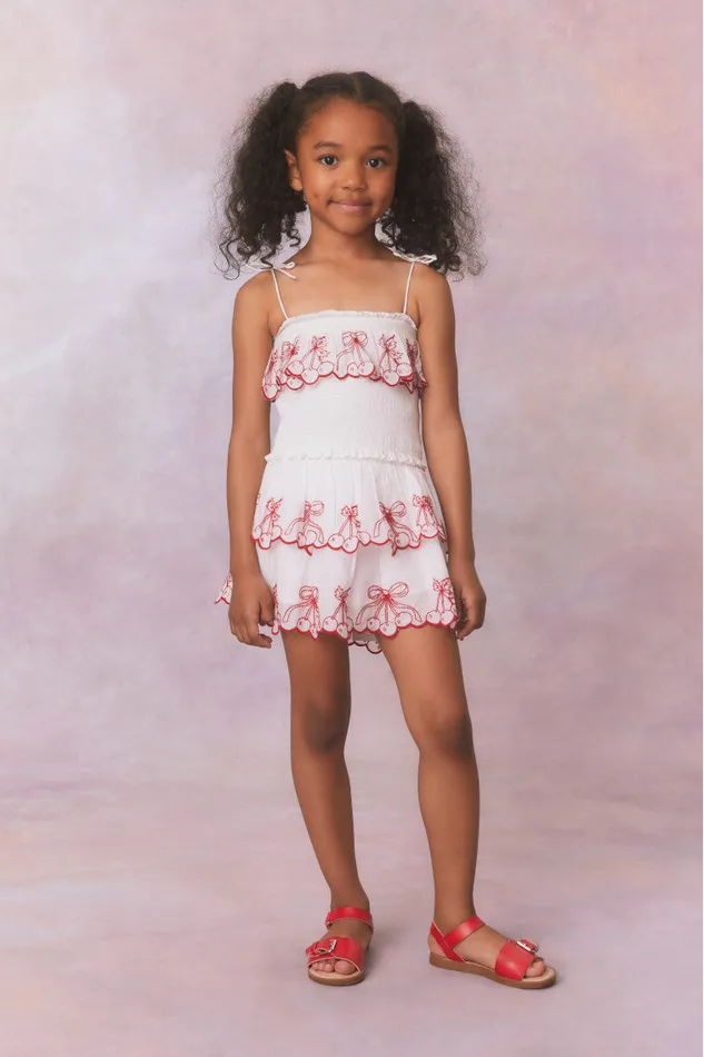Kids Girls LoveShackFancy Girls Fatima Cherry Embroidered Cotton Top Candy Red