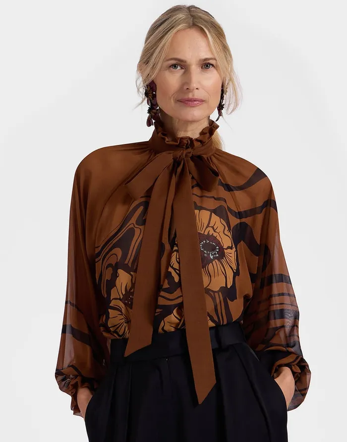 La Doublej Cerere Blouse Big Blooms Place Brown In Silk Chiffon Women Shirts and Tops