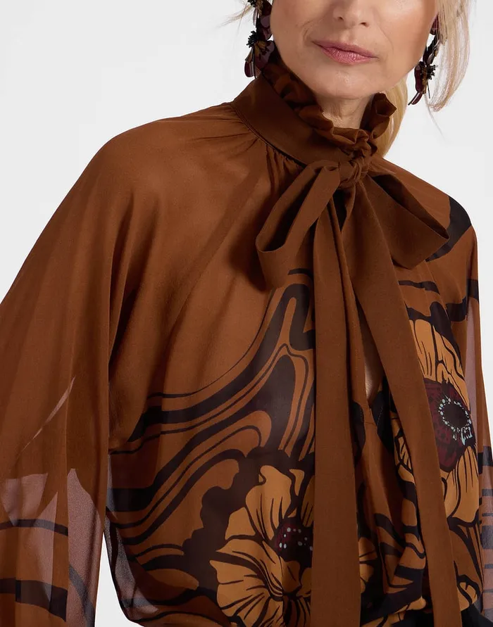 La Doublej Cerere Blouse Big Blooms Place Brown In Silk Chiffon Women Shirts and Tops