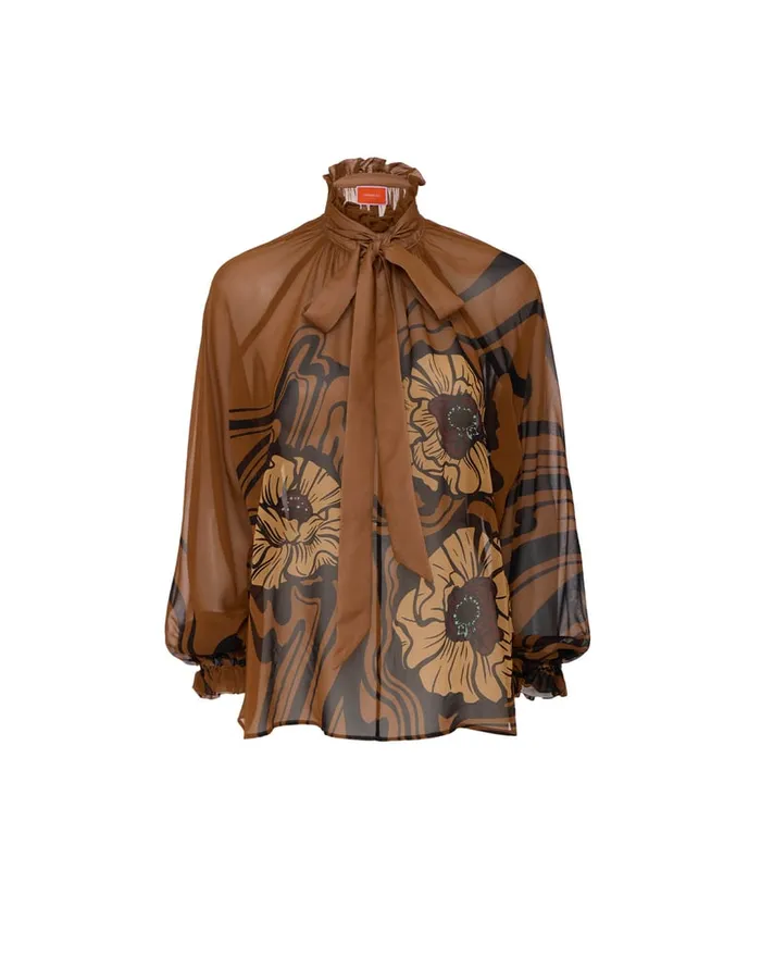 La Doublej Cerere Blouse Big Blooms Place Brown In Silk Chiffon Women Shirts and Tops