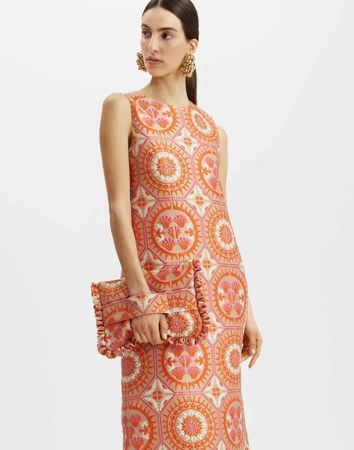 La Doublej Column Dress Sun Orange In Jacquard With Feathers Women Party Dressing