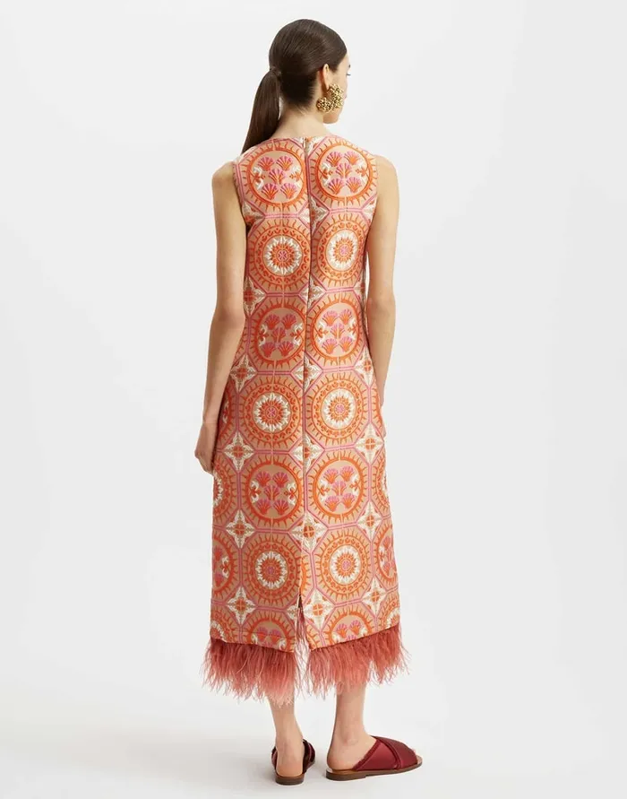 La Doublej Column Dress Sun Orange In Jacquard With Feathers Women Party Dressing
