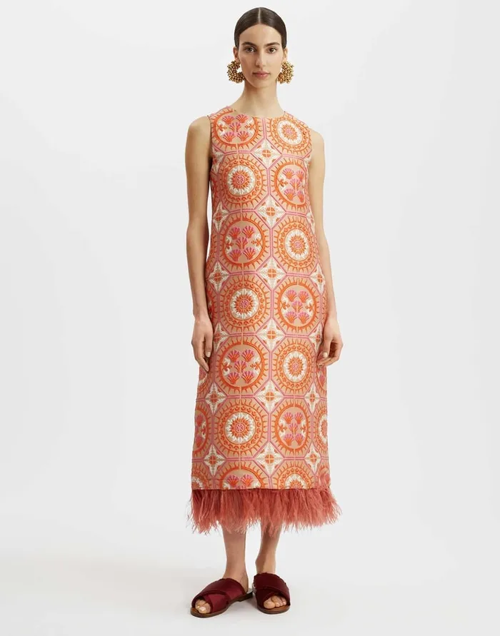 La Doublej Column Dress Sun Orange In Jacquard With Feathers Women Party Dressing