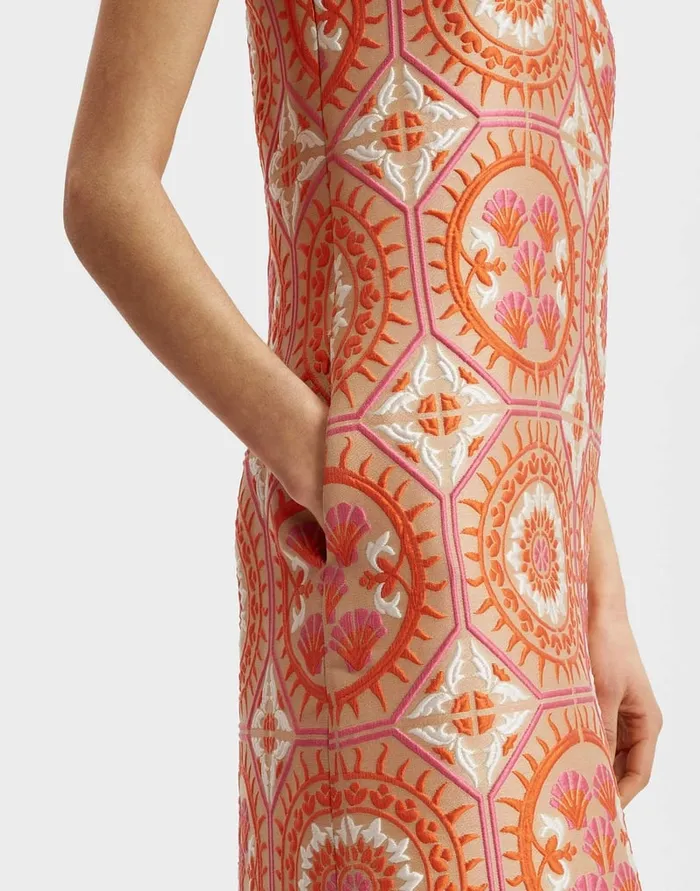 La Doublej Column Dress Sun Orange In Jacquard With Feathers Women Party Dressing