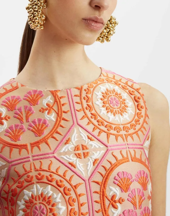 La Doublej Column Dress Sun Orange In Jacquard With Feathers Women Party Dressing