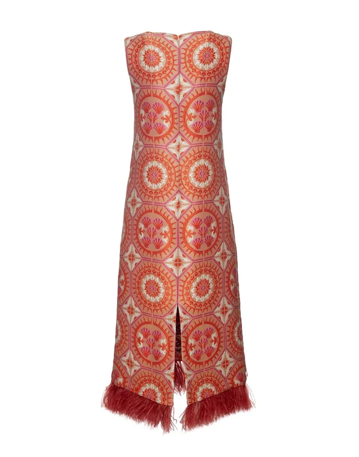 La Doublej Column Dress Sun Orange In Jacquard With Feathers Women Party Dressing