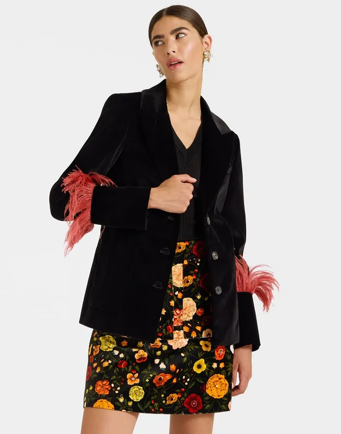 La Doublej Keaton Jacket Solid Black In Cotton Velvet With Feathers Women Outerwear