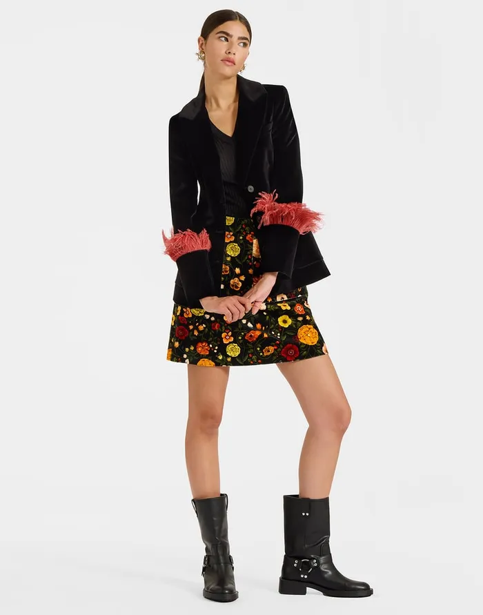 La Doublej Keaton Jacket Solid Black In Cotton Velvet With Feathers Women Outerwear