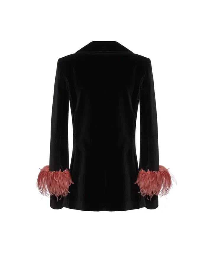 La Doublej Keaton Jacket Solid Black In Cotton Velvet With Feathers Women Outerwear