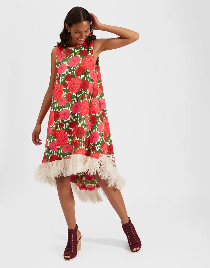 La Doublej La Scala High Dress With Feathers Pink Dahlias In Shot Cotton Women Dresses