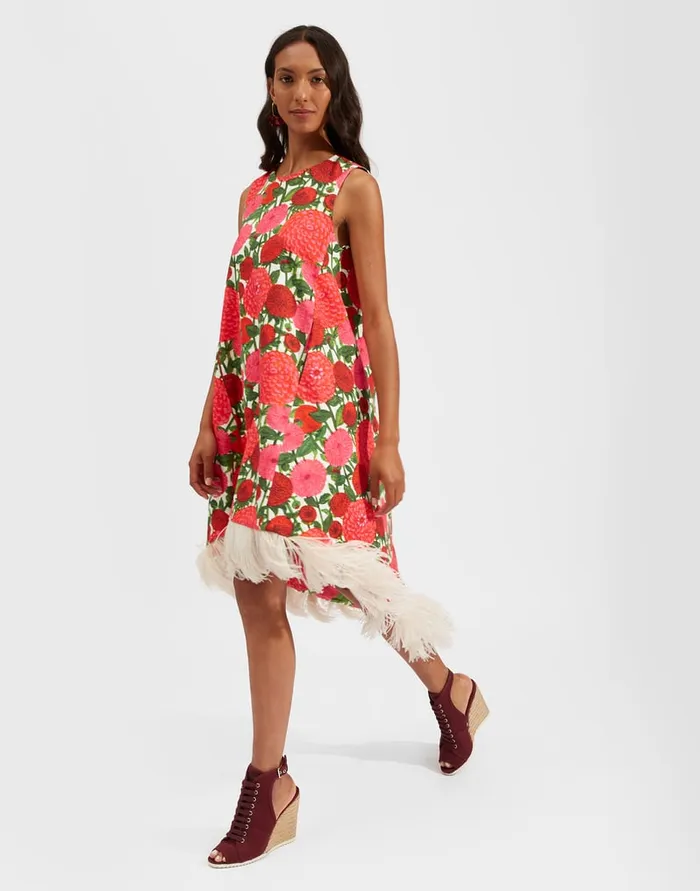 La Doublej La Scala High Dress With Feathers Pink Dahlias In Shot Cotton Women Dresses