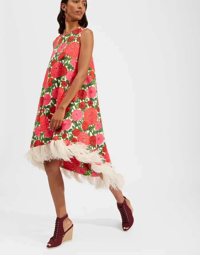 La Doublej La Scala High Dress With Feathers Pink Dahlias In Shot Cotton Women Dresses