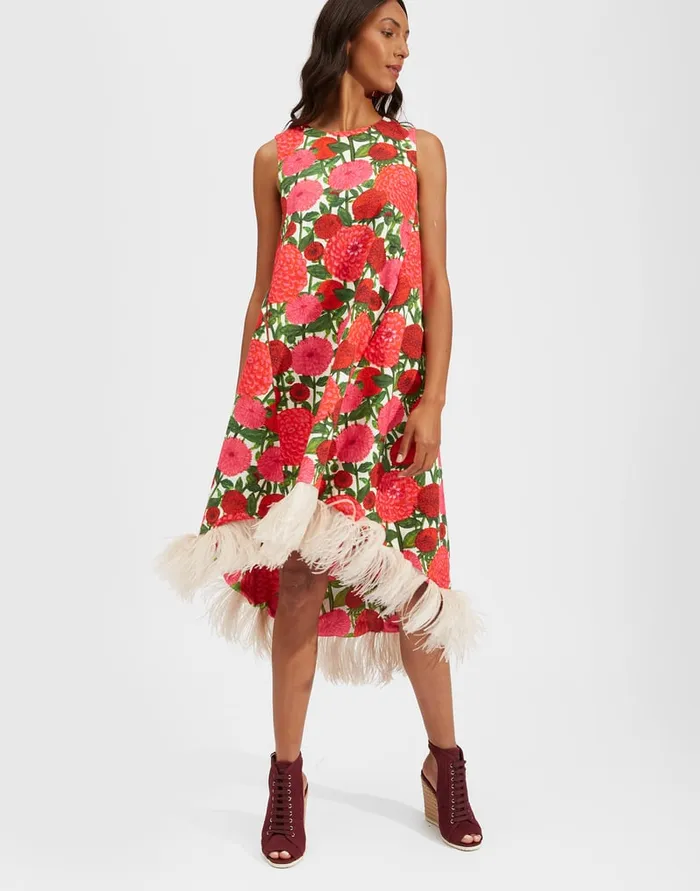 La Doublej La Scala High Dress With Feathers Pink Dahlias In Shot Cotton Women Dresses