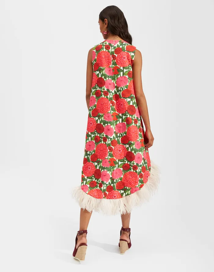 La Doublej La Scala High Dress With Feathers Pink Dahlias In Shot Cotton Women Dresses
