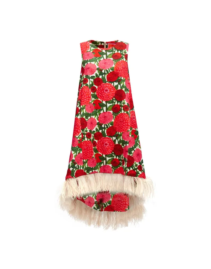 La Doublej La Scala High Dress With Feathers Pink Dahlias In Shot Cotton Women Dresses