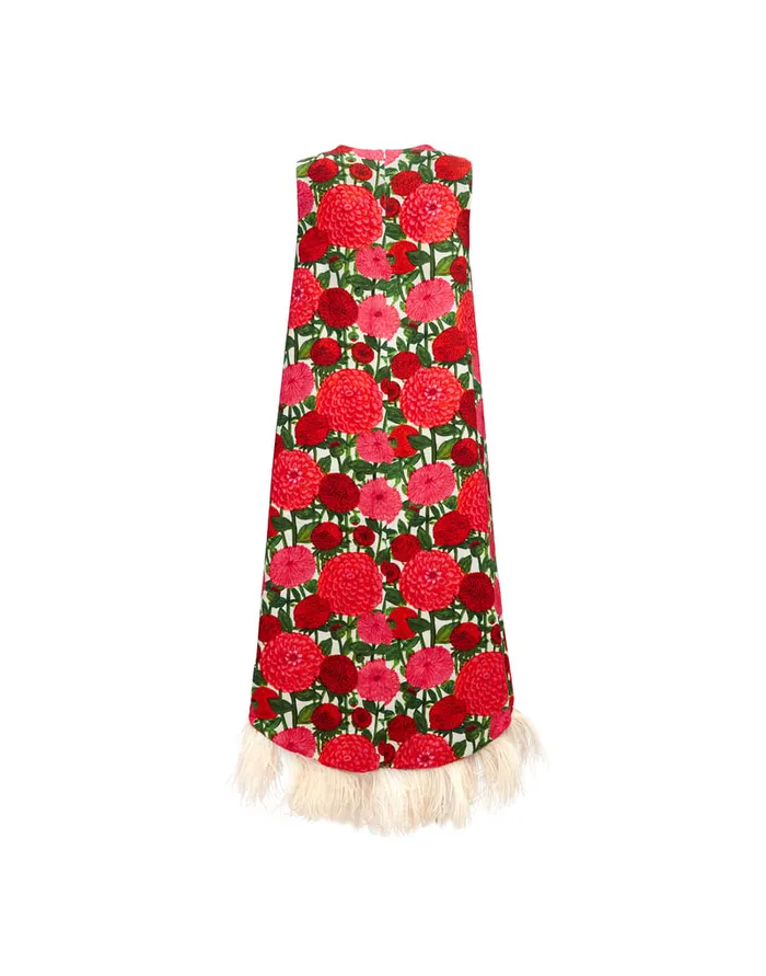 La Doublej La Scala High Dress With Feathers Pink Dahlias In Shot Cotton Women Dresses
