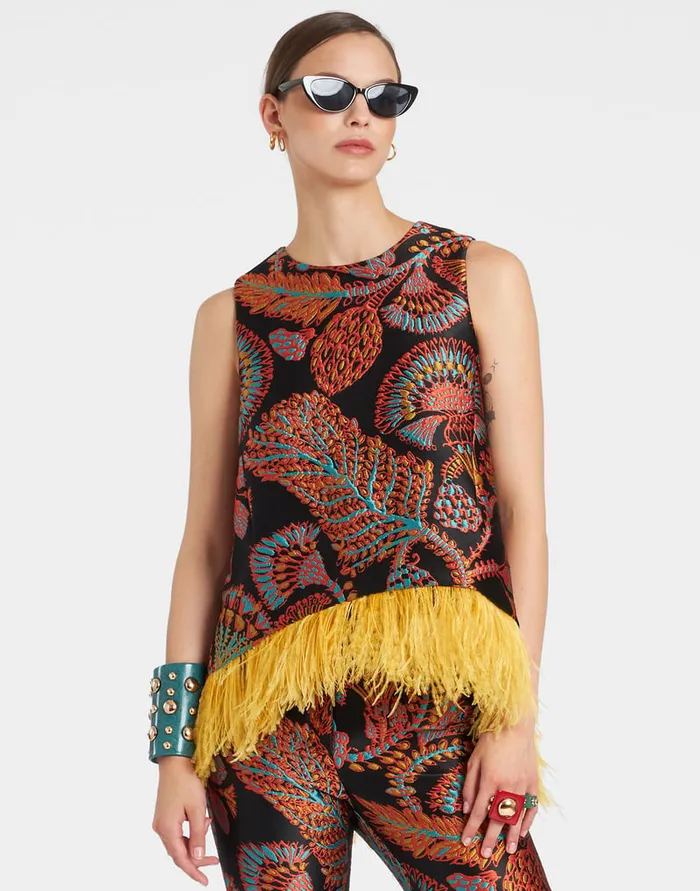 La Doublej La Scala Top Sicomore Black In Jacquard With Feathers Women Shirts and Tops