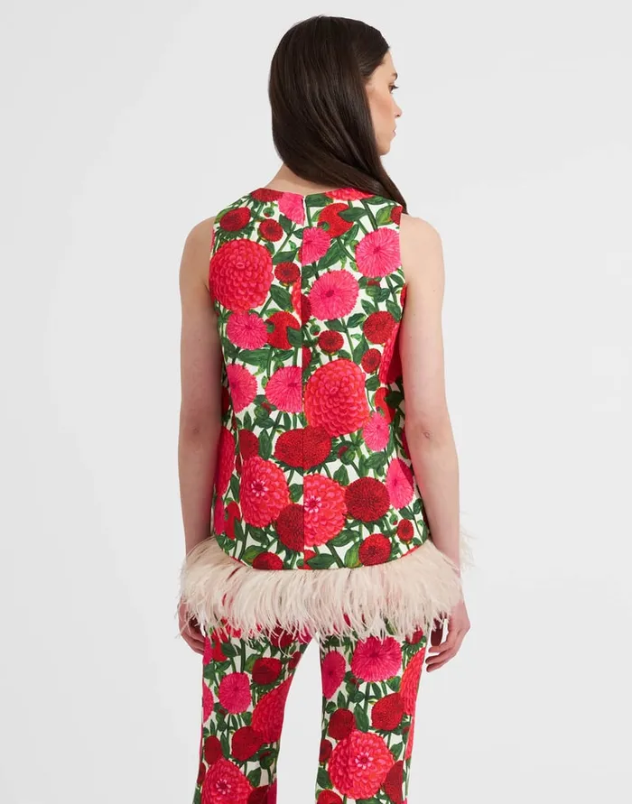 La Doublej La Scala Top With Feathers Pink Dahlias In Shot Cotton Women Shirts and Tops