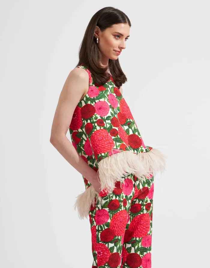 La Doublej La Scala Top With Feathers Pink Dahlias In Shot Cotton Women Shirts and Tops