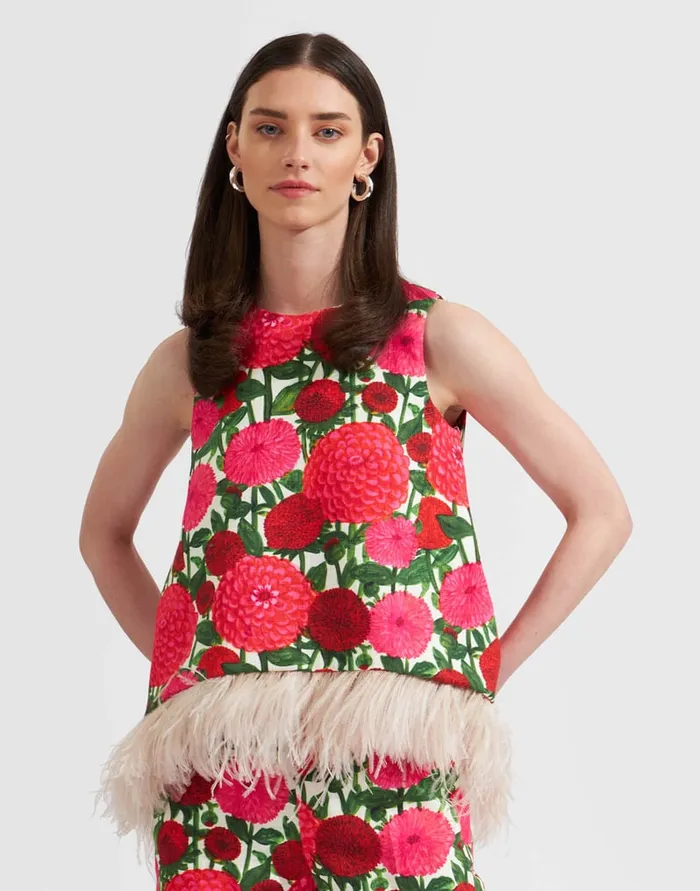 La Doublej La Scala Top With Feathers Pink Dahlias In Shot Cotton Women Shirts and Tops