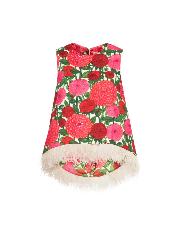 La Doublej La Scala Top With Feathers Pink Dahlias In Shot Cotton Women Shirts and Tops