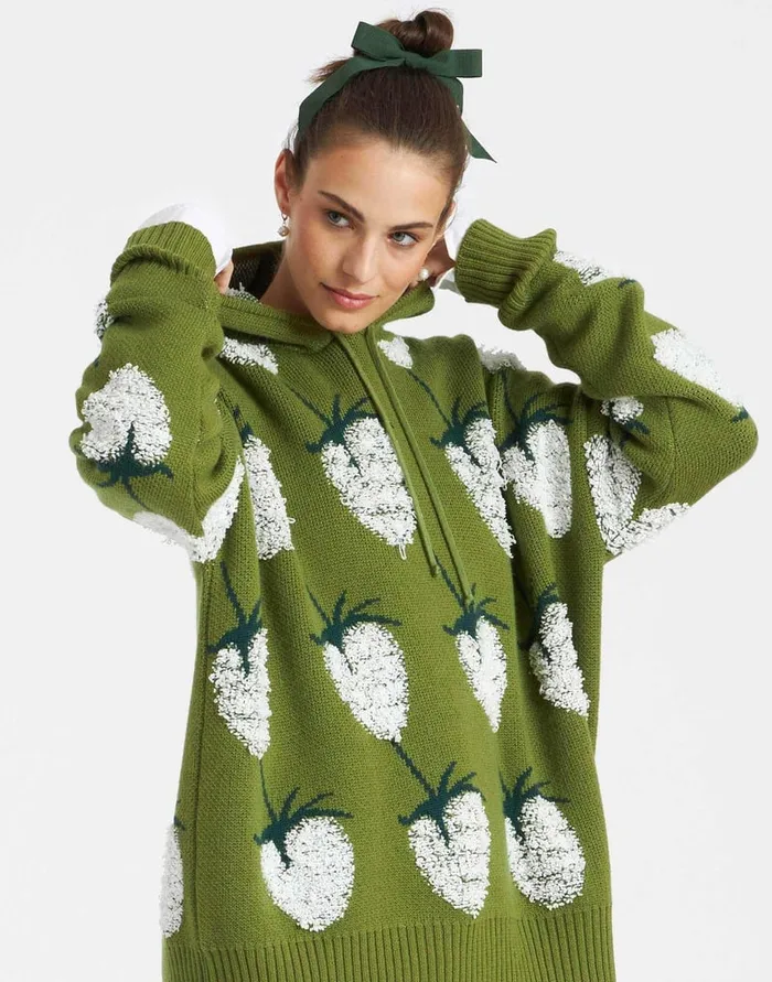 La Doublej Lampone Hoodie Green In Jacquard Women Knitwear